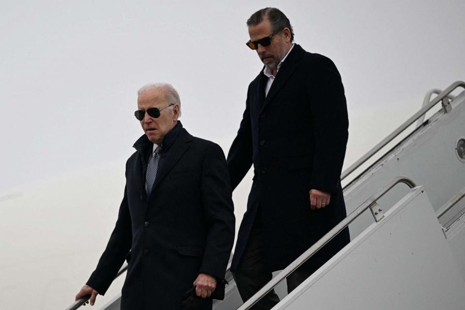 PHOTO: President Joe Biden and son Hunter Biden arrive at Hancock Field Air National Guard Base in Syracuse, N.Y. on Feb. 4, 2023. (Andrew Caballero-Reynolds/AFP via Getty Images)