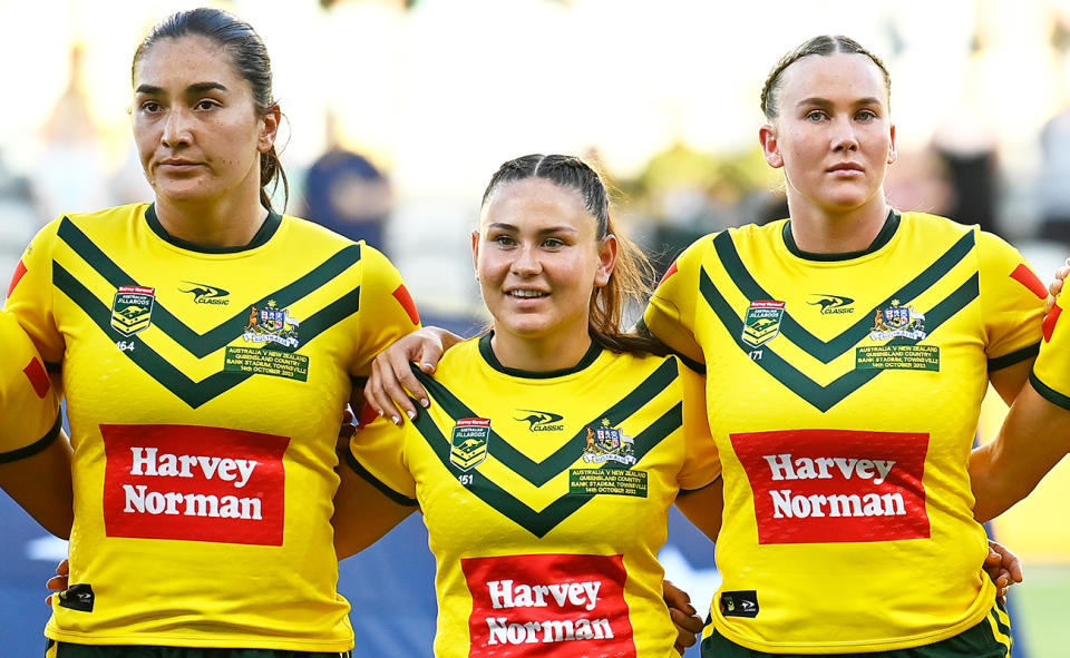 Olivia Kernick, Keeley Davis and Jaime Chapman in action for the Jillaroos in 2023.