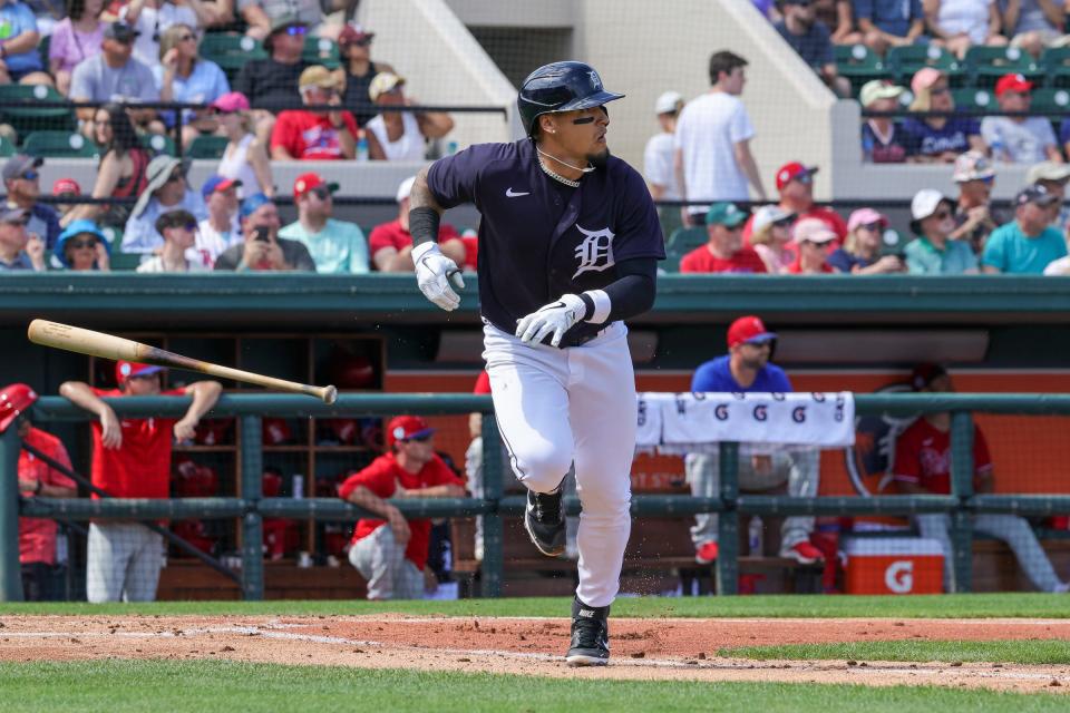 Tigers shortstop Javier Baez watches the ball during the first inning of the spring training game against the Phillies on Feb. 25, 2023, in Lakeland, Florida.