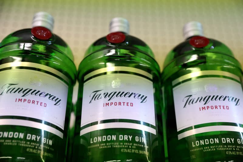 FILE PHOTO: Bottles of Tanqueray gin, a brand of Diageo, are seen for sale in Manhattan, New York City