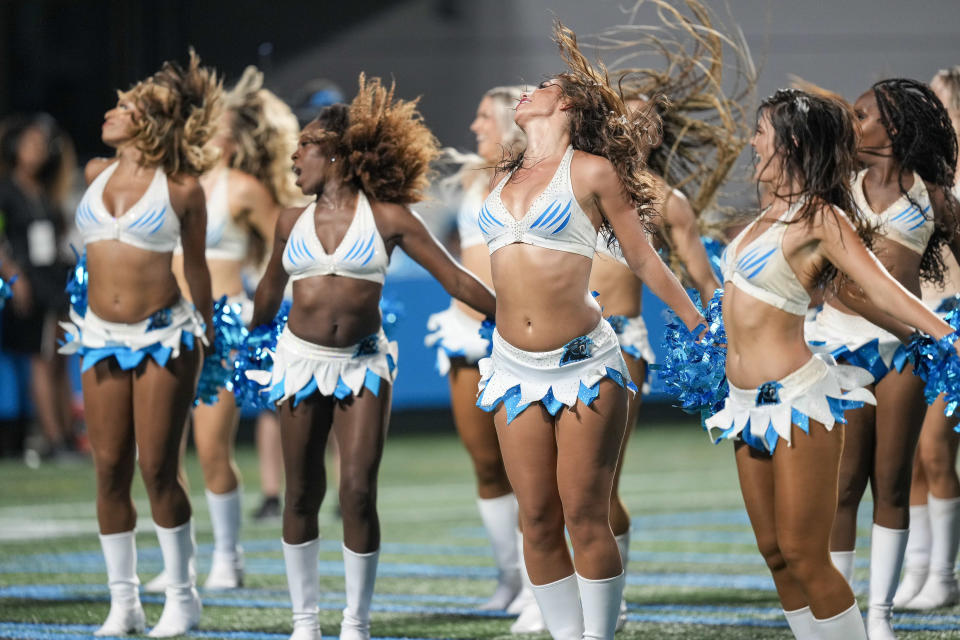 Aug 25, 2023; Charlotte, North Carolina, USA; Carolina Panthers Topcats cheerleaders perform during the second half between the Carolina Panthers and the Detroit Lions at Bank of America Stadium. Mandatory Credit: Jim Dedmon-USA TODAY Sports