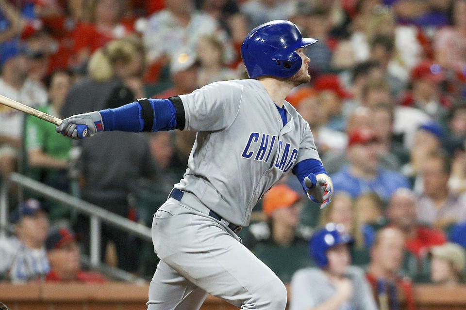 Chicago Cubs' Ian Happ watches his two-run home run ball while following through during the fifth inning of a baseball game against the St. Louis Cardinals, Saturday, Sept. 28, 2019, in St. Louis. (AP Photo/Scott Kane)