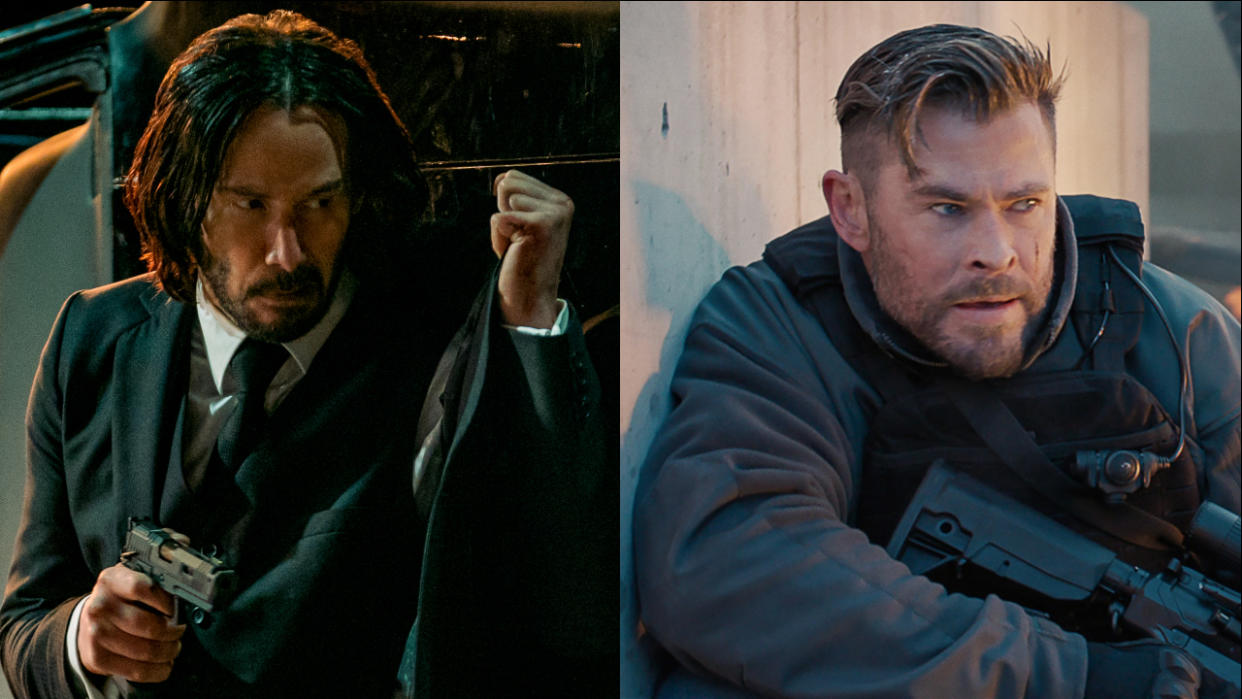  Keanu Reeves in John Wick: Chapter 4 and Chris Hemsworth in Extraction 2, pictured side-by-side with each holding guns. 