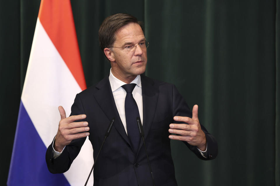 FILE - Netherlands' Prime Minister Mark Rutte speaks during a press conference after a meeting with his Albanian counterpart Edi Rama, in Tirana, Albania, Wednesday, Nov. 10, 2021. Mark Rutte became the longest-serving Dutch prime minister Tuesday, Aug. 2, 2022, and the leader known by some as “Teflon Mark” because scandals don't stick to him is showing no sign of slowing despite unrest gripping his nation and his party's popularity sliding in polls. (AP Photo/Franc Zhurda, File)