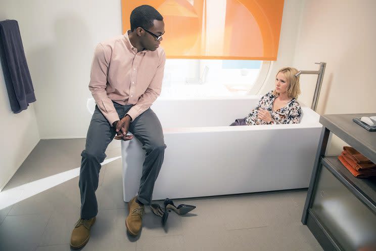 William Jackson Harper as Chidi and Kristen Bell as Eleanor (Photo by: Ron Batzdorff/NBC)