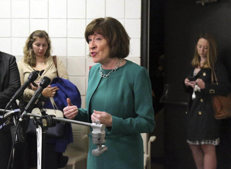 U.S. Sen. Susan Collins, R-Maine, considered one of the few possible Republican "no" votes on Supreme Court nominee Brett Kavanaugh, speaks to news media at Saint Anselm College, Friday, Sept. 21, 2018, in Manchester, N.H. (AP Photo/Elise Amendola)