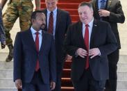 U.S. Secretary of State Mike Pompeo walks with Ethiopian Prime Minister Abiy Ahmed at the Prime Minister office after a meeting in Addis Ababa