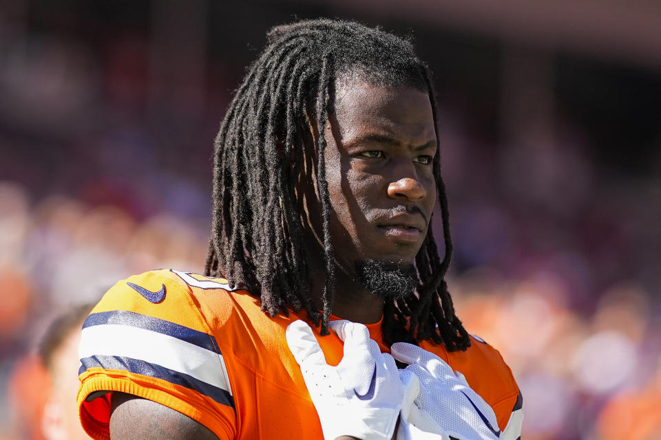 Denver Broncos wide receiver Jerry Jeudy looks on before the start of an NFL football game against the New York Jets Sunday, Oct. 8, 2023, in Denver. (AP Photo/Jack Dempsey)