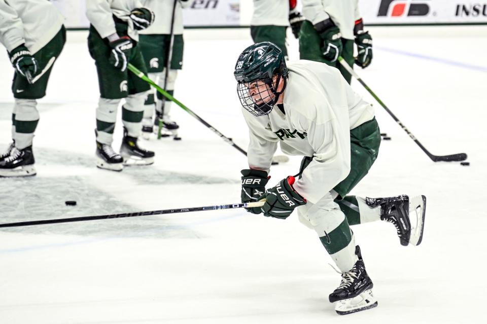 Michigan State's Karsen Dorwart skates in practice during hockey media day on Wednesday, Sept. 27, 2023, at Munn Arena in East Lansing.