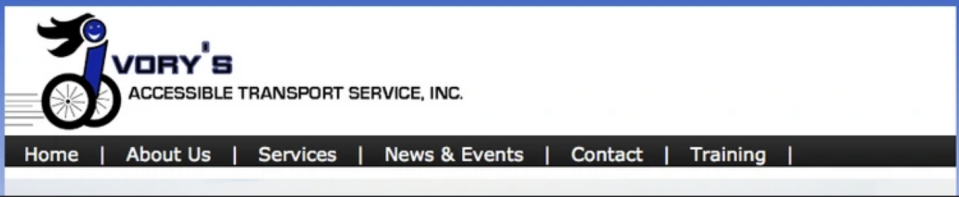 Ivory's Accessible Transport Service, Inc. website header with navigation menu options: Home, About Us, Services, News & Events, Contact, Training