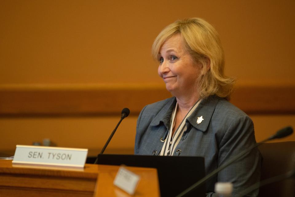 Sen. Caryn Tyson, R-Parker, reacts durings Thursday's Legislative Post Audit report.