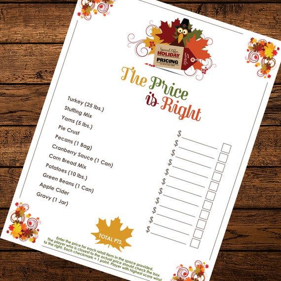 19) Printable The Price is Right Thanksgiving Game