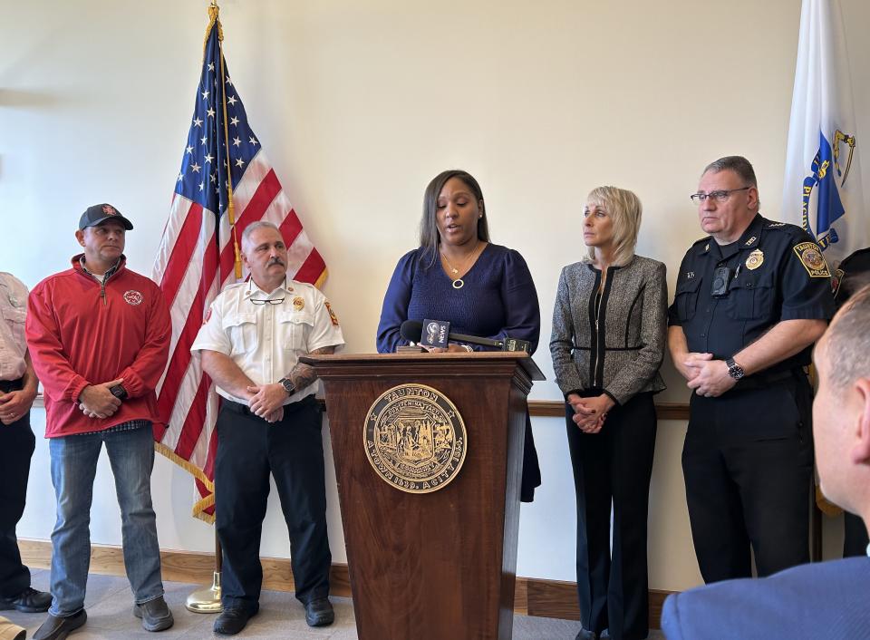 T.R.U.E. Diversity founder Tanya Lobo voices support for a combined police and fire department 911 emergency dispatch system during a press conference at Taunton City Hall on Oct. 11