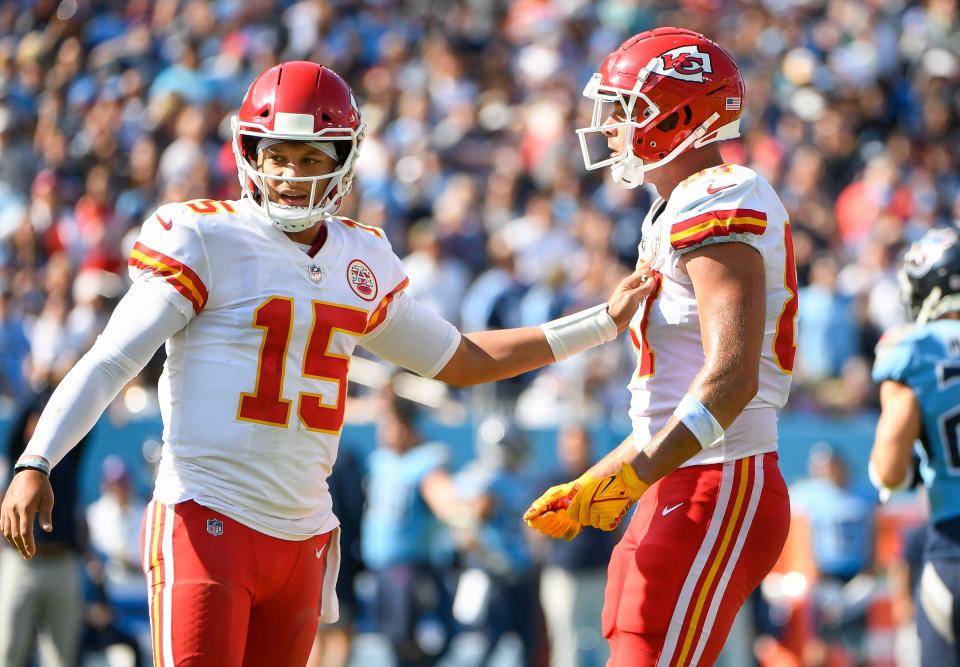 Kansas City Chiefs quarterback Patrick Mahomes, left, and tight end Travis Kelce haven't played up to expectations this season, but a home game against the depleted Packers may be just what they need to get back on track.