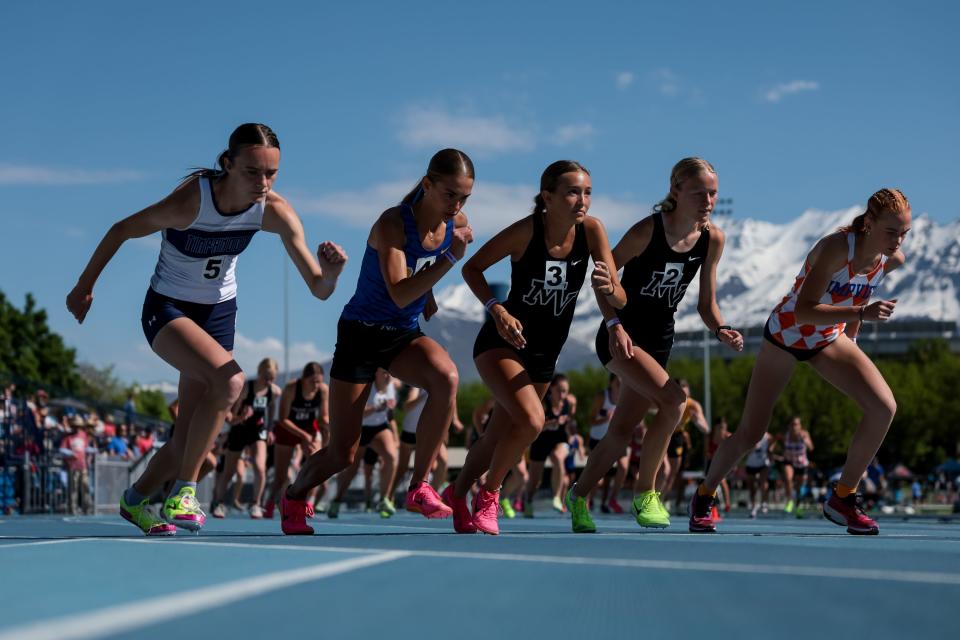 Runners start off in the 5A girls 3,200-meter finals at the Utah high school track and field championships at BYU in Provo on Thursday, May 18, 2023. | Spenser Heaps, Deseret News