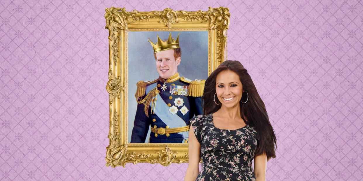 kimberly birch in front of a royal portrait of matt hicks wearing a crown that peels off and falls down