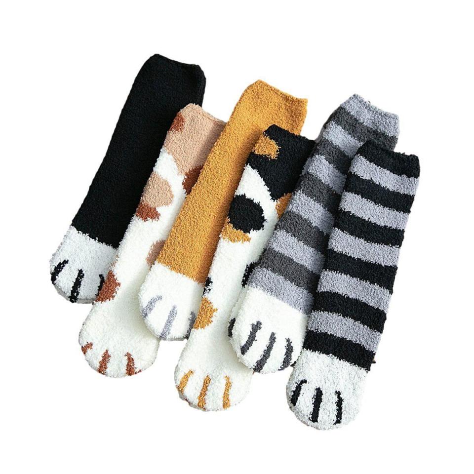 2) Fluffy Cat Paw Fuzzy Fleece Socks