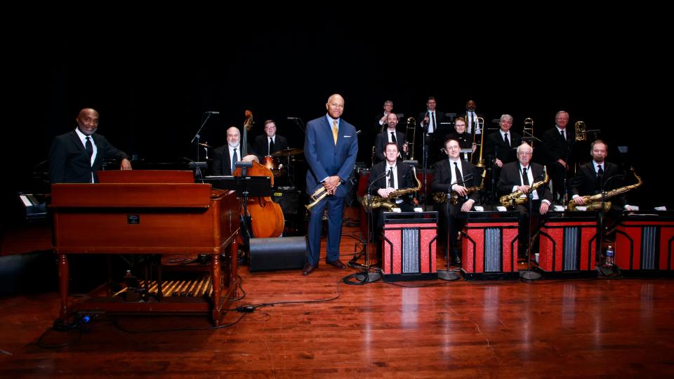 The Columbus Jazz Orchestra, pictured with Artistic Director Byron Stripling. The group will perform “Ellington, Basie and Miles” at the Southern Theatre this weekend.