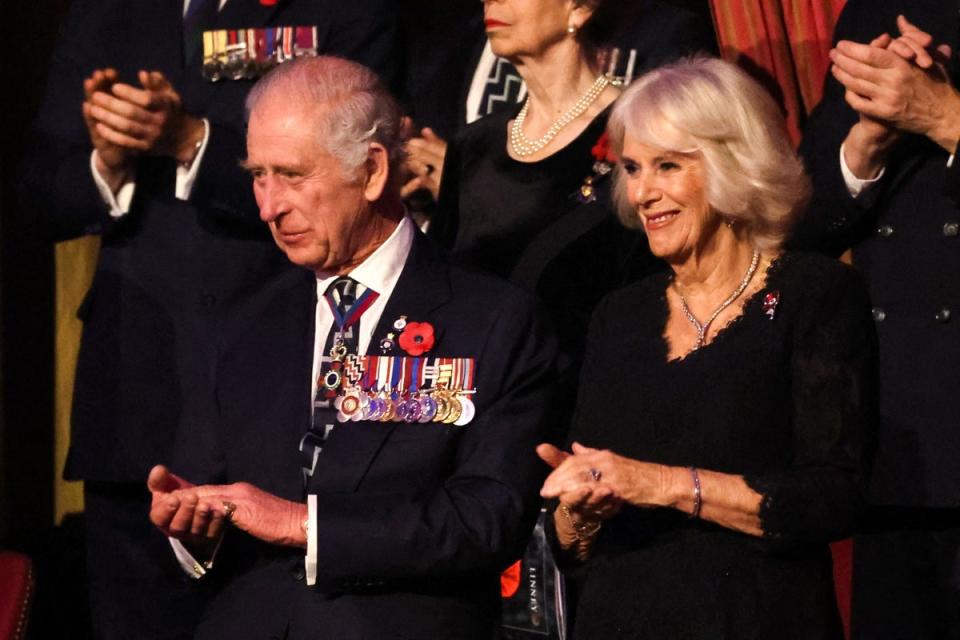 King Charles III and Queen Camilla attend “The Royal British Legion Festival of Remembrance” ceremony at Royal Albert Hall, in London, on Saturday night (POOL/AFP via Getty Images)