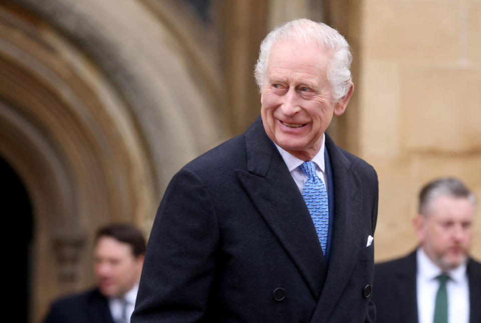 King Charles III smiles as he leaves after attending the Easter Service at St. George's Chapel, Windsor Castle on March 31, 2024, in Windsor, England.<p>Hollie Adams - WPA Pool/Getty Images</p>