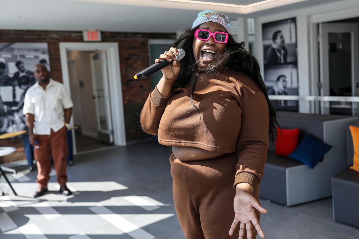 De’Mi Alyse Jones, 28, of Detroit, rehearses singing Motown artist Teena Marie’s “Out on a Limb” at Hitsville Next for the Motown Museum's 2024 "Amplify: The Sound of Detroit" singing contest on Wednesday, March 13, 2024.