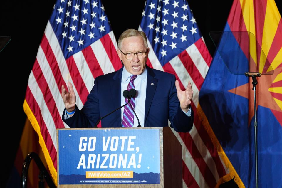 Republican Mayor of Mesa John Giles speaks at a campaign rally at Cesar Chavez High School on Nov. 2, 2022, in Phoenix.