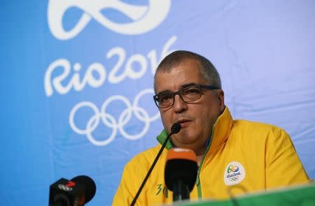 Rio 2016 Olympics communicatons director Mario Andrada gives a news conference about reports that a bullet tore through the media tent at the Deodoro Olympic Equestrian Center, in Rio de Janeiro, Brazil, August 6, 2016. REUTERS/Tony Gentile