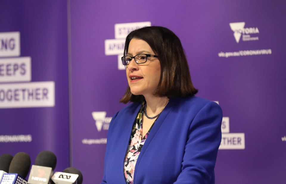 Victorian Health Minister Jenny Mikakos speaks to the media during a press conference in Melbourne, Friday, July 3, 2020. (AAP Image/David Crosling) NO ARCHIVING