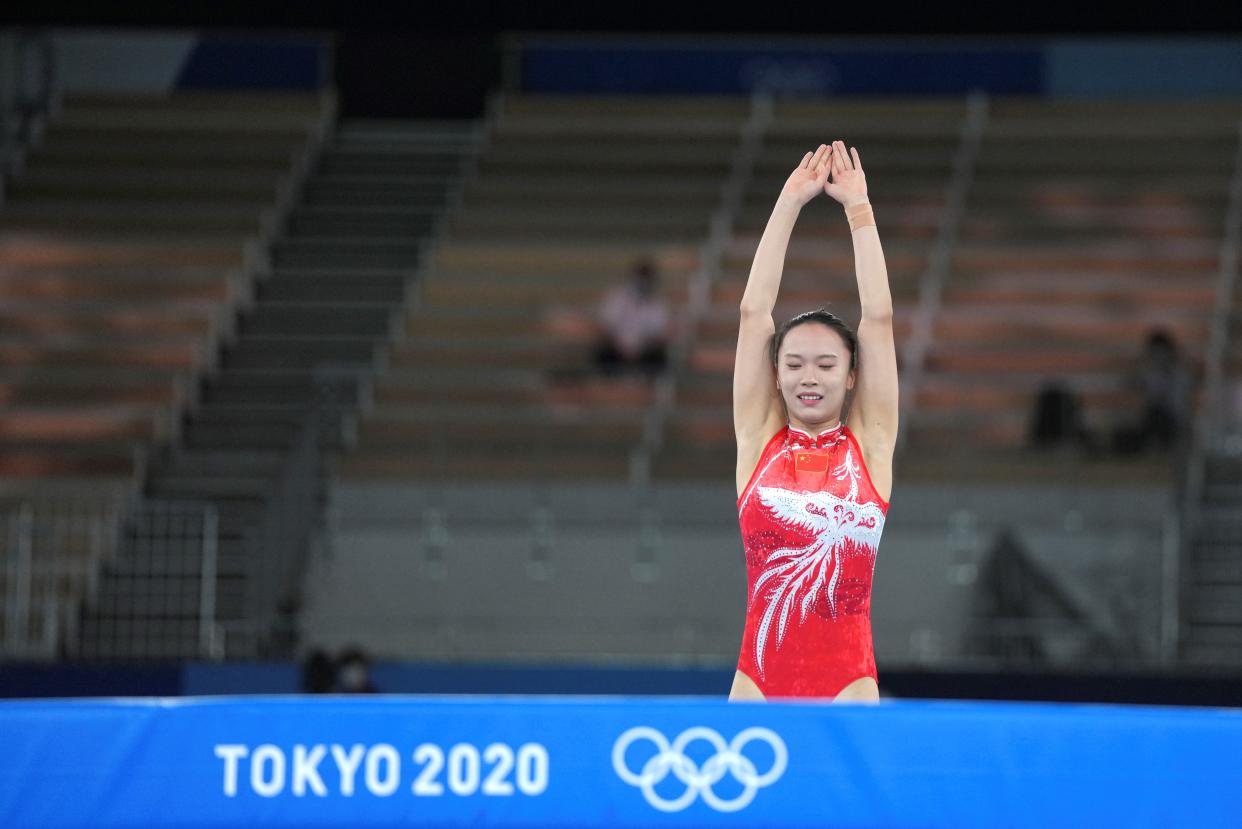 Zhu Xueying of China is seen during the women's final of trampoline gymnastics at the Tokyo 2020 Olympic Games in Tokyo, Japan, July 30, 2021. (Photo by Cheng Min/Xinhua via Getty Images)