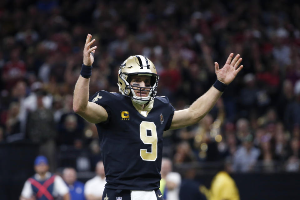 New Orleans Saints quarterback Drew Brees (9) reacts in the first half an NFL football game against the San Francisco 49ers in New Orleans, Sunday, Dec. 8, 2019. (AP Photo/Butch Dill)