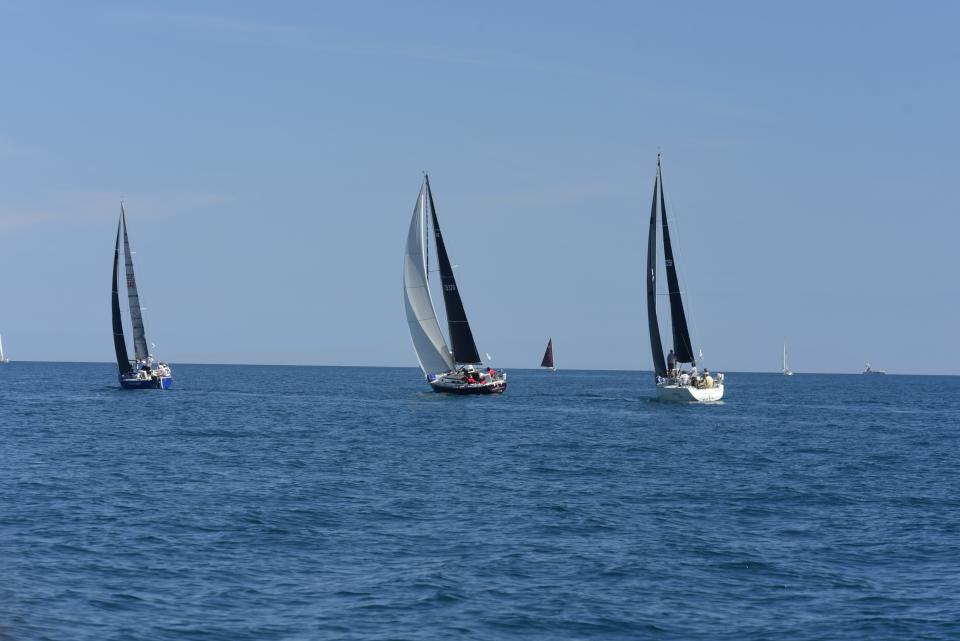 Sailboats set sail during the start of the Bayview Mackinac Race in Lake Huron in Port Huron on Saturday, July 16, 2022.