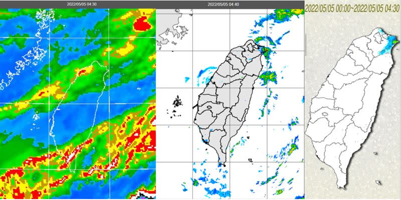 今晨4:30紅外線色調強化雲圖顯示，台灣上空仍有鬆散中層雲（左圖）；4:40雷達回波合成圖顯示，東側海面上有零星的降水回波（中圖）；4:30累積雨量顯示，東半部零星飄雨，東北角較明顯（右圖）。