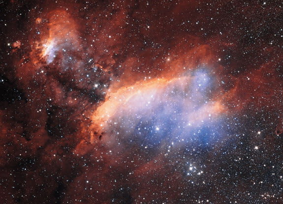 The glowing jumble of gas clouds visible in this new image make up a huge stellar nursery nicknamed the Prawn Nebula. The VLT Survey Telescope at ESO’s Paranal Observatory in Chile was used to take the picture. Image released Sept. 18, 2013.