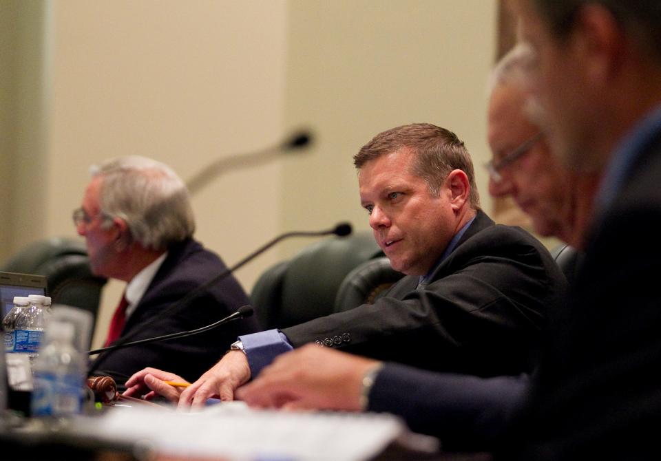 Jim Hill (center) speaks during the Sebastian City Council meeting Nov. 16, 2011, after being named mayor for the second consecutive year.