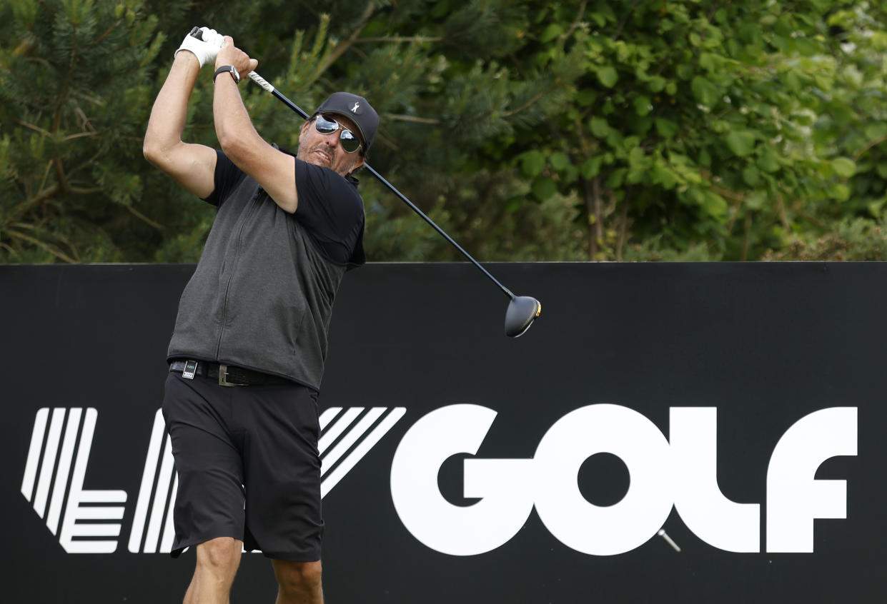 Phil Mickelson plays on the 18th during the Pro-Am at the Centurion Club, Hertfordshire ahead of the LIV Golf Invitational Series. Picture date: Wednesday June 8, 2022. (Photo by Steven Paston/PA Images via Getty Images)