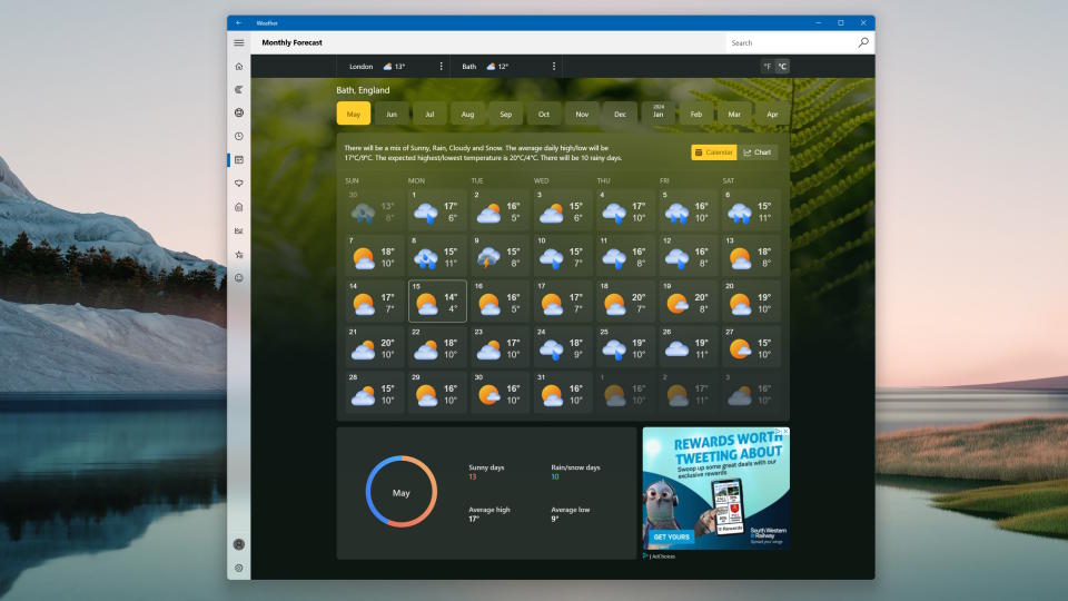 Screenshot showing ads remain in some parts of the Weather app in Windows 11