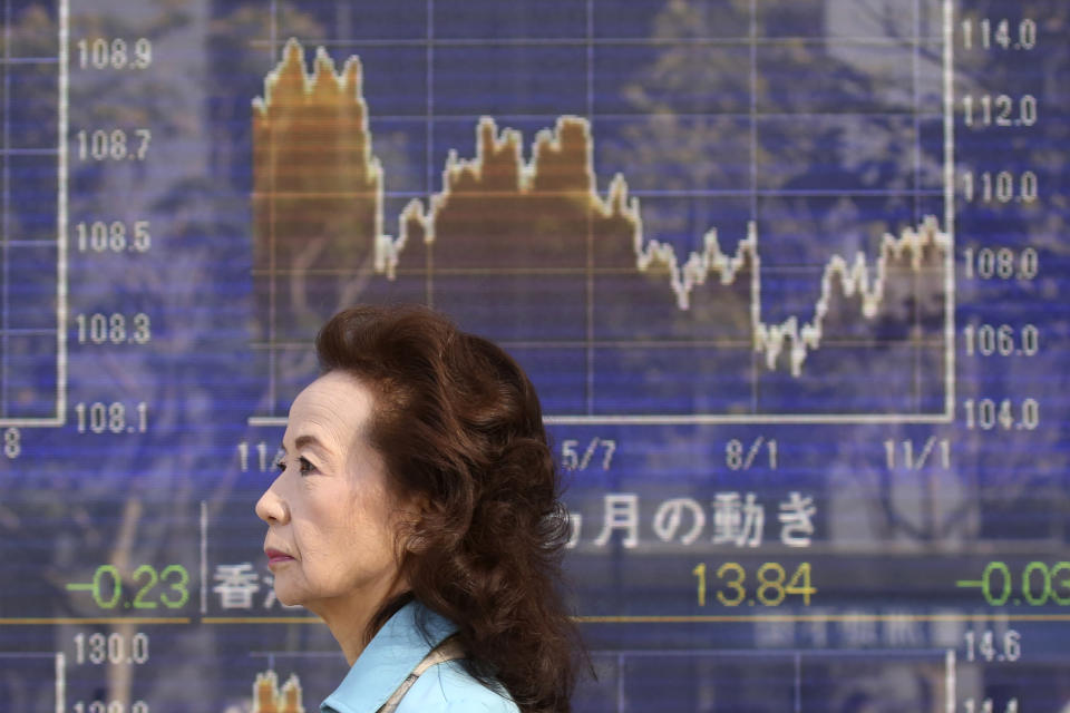 In this Thursday, Nov. 21, 2019, photo, a woman walks by an electronic stock board of a securities firm in Tokyo. Stocks logged modest gains Friday, Nov. 22, 2019, in Asia after a lackluster overnight session on Wall Street ended with the market’s third straight drop. (AP Photo/Koji Sasahara)