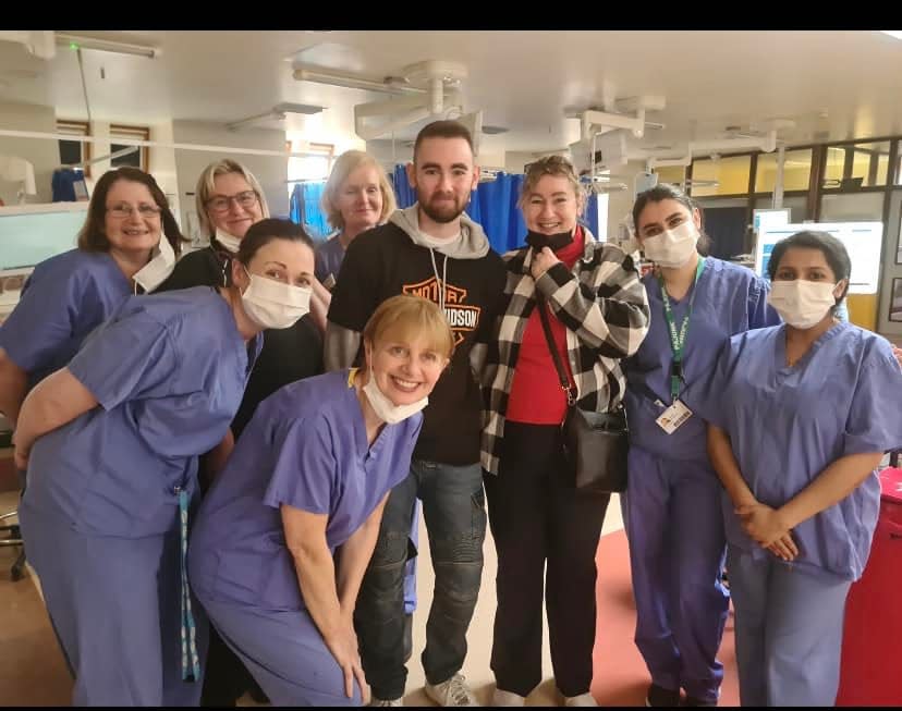 Matt Small, with the medical staff who helped save his life, at the University of Mayo hospital in Castelbar, Ireland, March 1, 2023. He and his mother, Sandra, treated the staff to Tasty Kakes and Hershey Kisses, "to share a little bit of Pennsylvania with them,"  Sandra said.