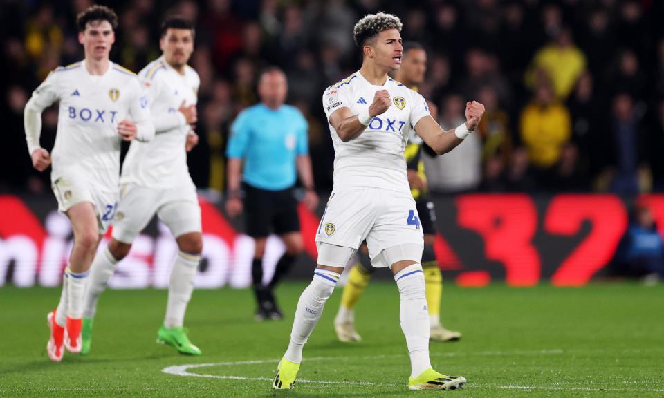 <span>Mateo Joseph celebrates scoring an equaliser for Leeds after coming on as a substitute at Watford.</span><span>Photograph: Alex Pantling/Getty Images</span>