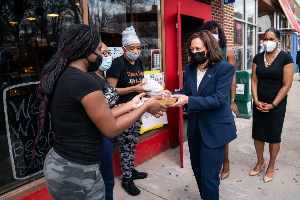 CHICAGO, IL - APRIL 06: Vice President Kamala Harris makes a stop at Brown Sugar Bakery on Chicago's Southside with Cook County State's Attorney Kim Foxx and Illinois Lt. Governor Juliana Stratton on Tuesday, April 6, 2021 in Chicago, IL.  / Credit: Kent Nishimura / Los Angeles Times via Getty Images