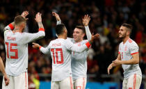 Soccer Football - International Friendly - Spain vs Argentina - Wanda Metropolitano, Madrid, Spain - March 27, 2018 Spain's Iago Aspas celebrates scoring their fifth goal with team mates REUTERS/Javier Barbancho