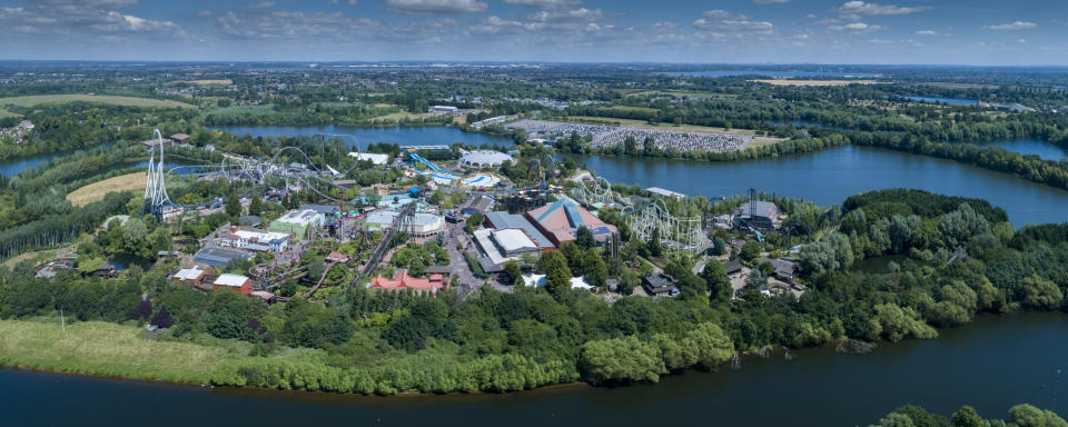 SURREY, ENGLAND - JUNE 2018 An aerial view of Thorpe Park Resort, on June 21st. This large Surrey based theme park is surrounded by Abbey, Fleet and Manor Lakes, in the shadow of the M25 Motorway, 1 mile north west of Chertsey.  Aerial photograph taken by David Goddard