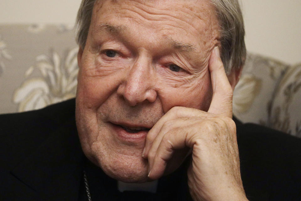 Cardinal George Pell answers' a journalists question during an interview with the Associated Press inside his residence near the Vatican in Rome, Monday, Nov. 30, 2020. The pope’s former treasurer, who was convicted and then acquitted of sexual abuse in his native Australia, said Monday he feels a dismayed sense of vindication as the financial mismanagement he tried to uncover in the Holy See is now being exposed in a spiraling Vatican corruption investigation. (AP Photo/Gregorio Borgia)