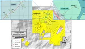 Figure 1. Map of the Batopilas Property with the identified vein traces; Circled area represents the zone of the 2020 Exploration program at the project