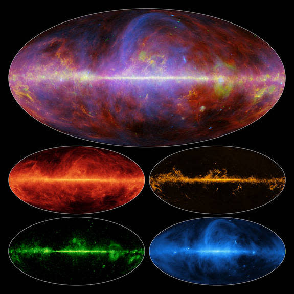 A view of the Milky Way in microwaves by the Planck satellite. The top view is a combination of the four bottom slides. Each of the four slides shows a different element: top left is dust, top right is gas, bottom right is light from charged pa