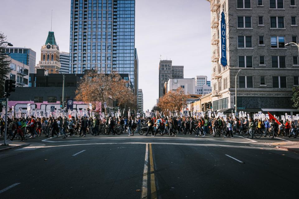 Student workers from the University of California in 10 cities, represented by the UAW, strike for better wages on Nov. 28, 2022 in Berkeley.