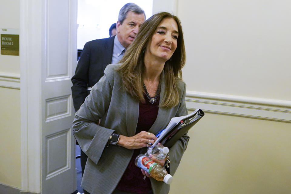 FILE - Former House minority leader Del. Eileen Filler-Corn, D-Fairfax, leaves the Virginia Democratic Legislative Caucus at the Capitol on April 27, 2022, in Richmond, Va. Former Virginia House Speaker Filler-Corn has decided against a bid for governor in 2025 and will instead run next year to represent the competitive northern Virginia congressional. She discussed her decision with The Associated Press Tuesday, Oct. 17, 2023 before filing official paperwork. (AP Photo/Steve Helber, File)