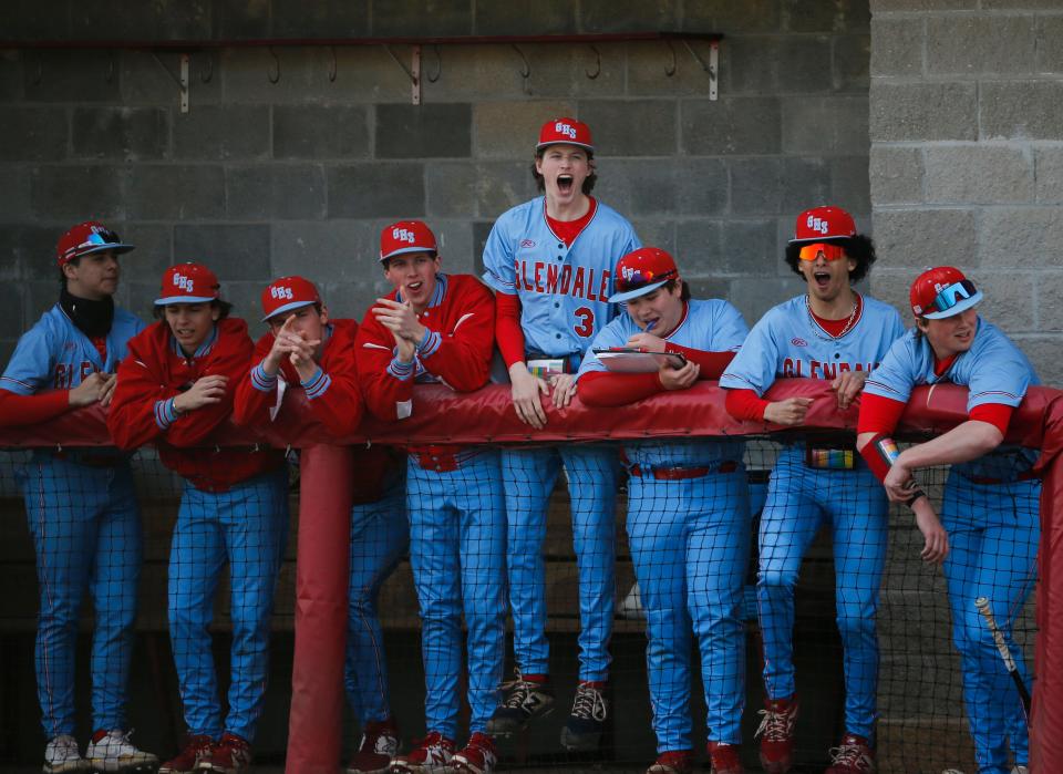 The Glendale bench as the Falcons take on the McDonald County Mustangs on Monday, March 20, 2023. 