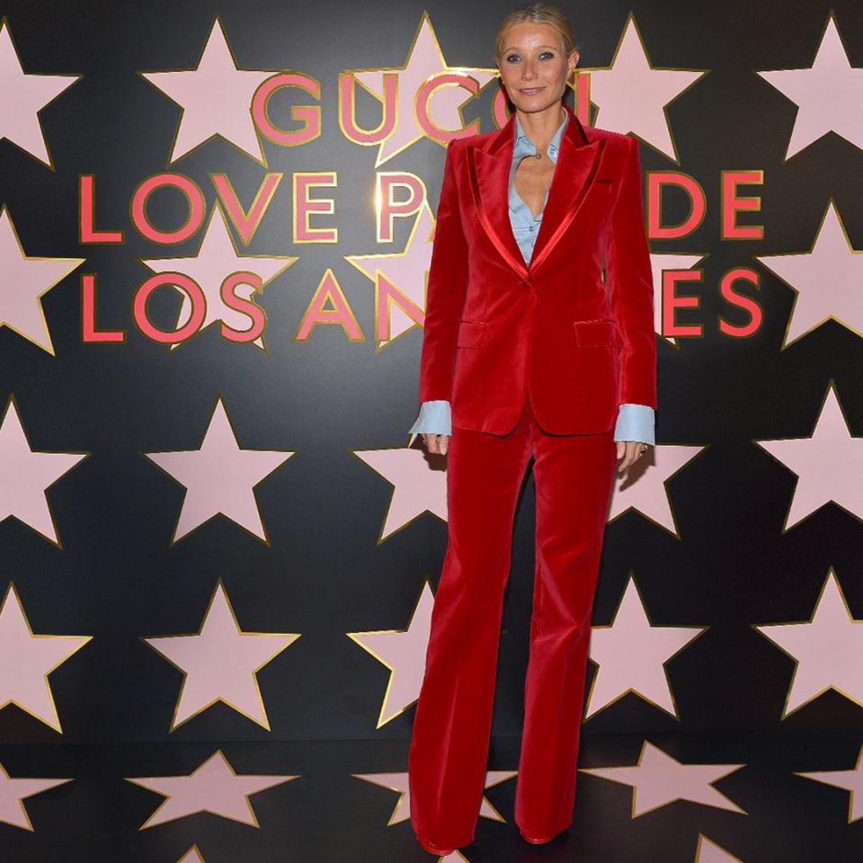 Gwyneth Paltrow wearing a Gucci red velvet suit on 2 November 2021 - Getty Images