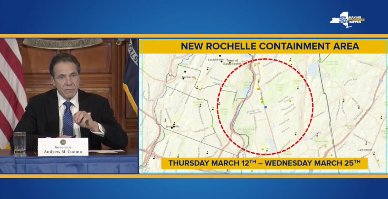 The then governor.  Andrew Cuomo lays out his plan for a New Rochelle "containment area" to help stop the spread of coronavirus;  March 10, 2020